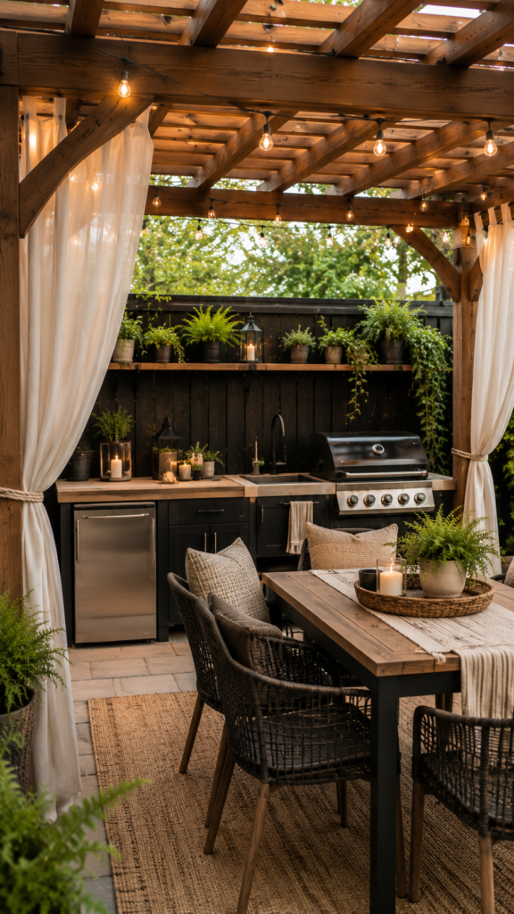 Cozy outdoor dining under pergola lights
