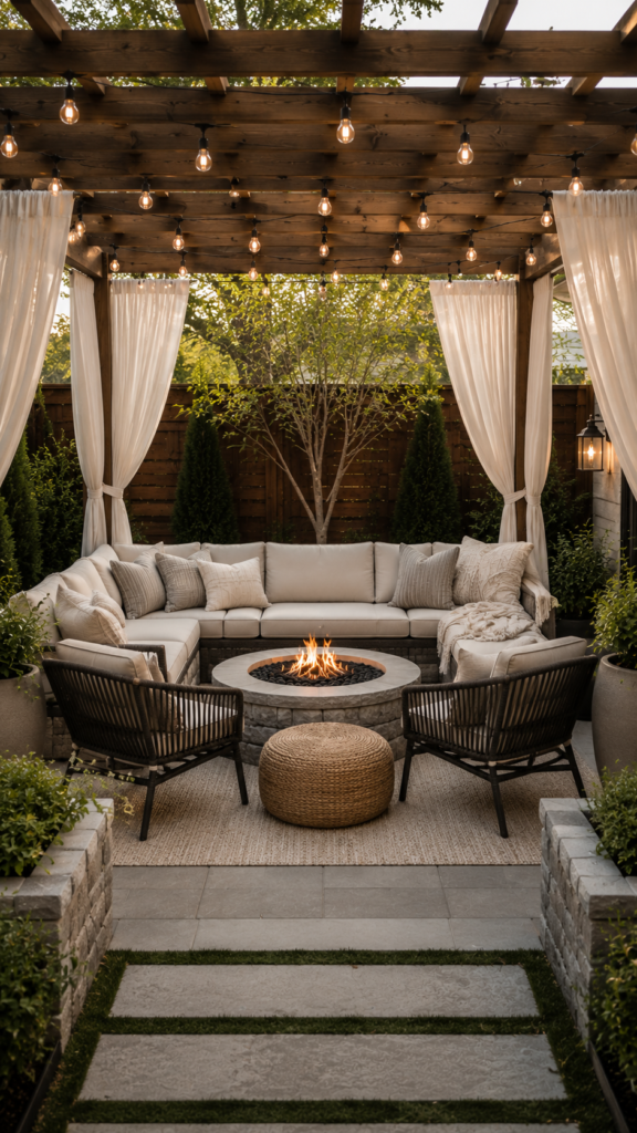Cozy outdoor lounge with pergola lights