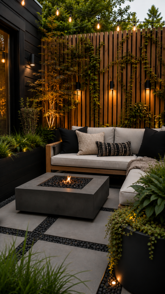Cozy outdoor patio at dusk