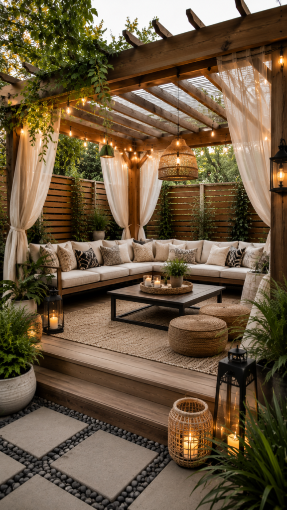 Cozy outdoor patio under pergola lights