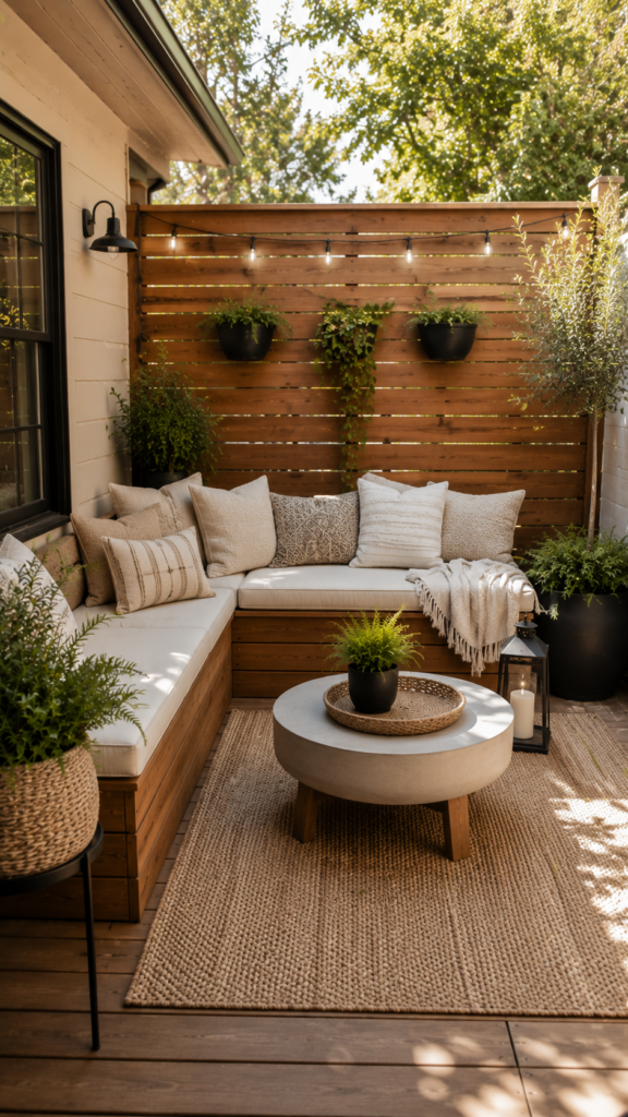 Cozy outdoor patio with greenery and lights