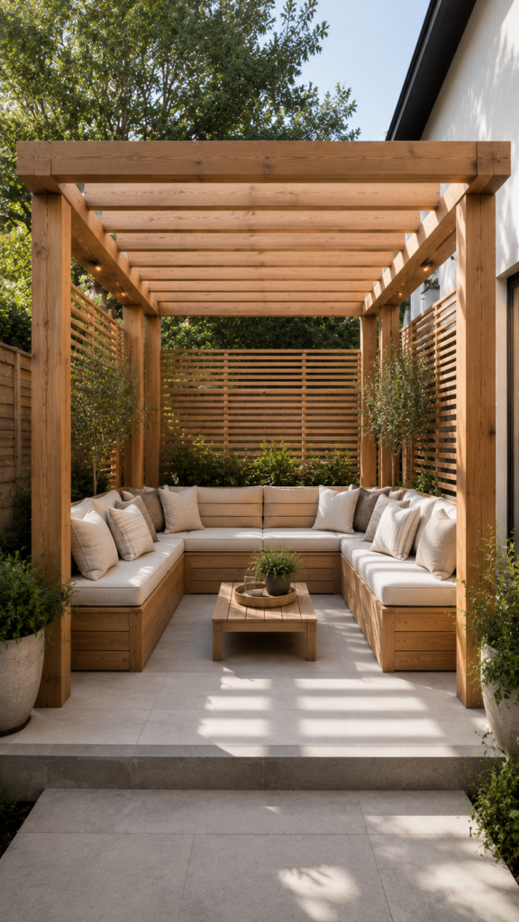 Cozy outdoor pergola lounge space