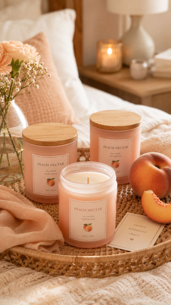 Cozy peach nectar candle vignette