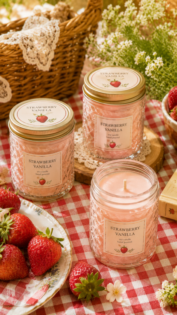 Cozy picnic with strawberry candles and blooms