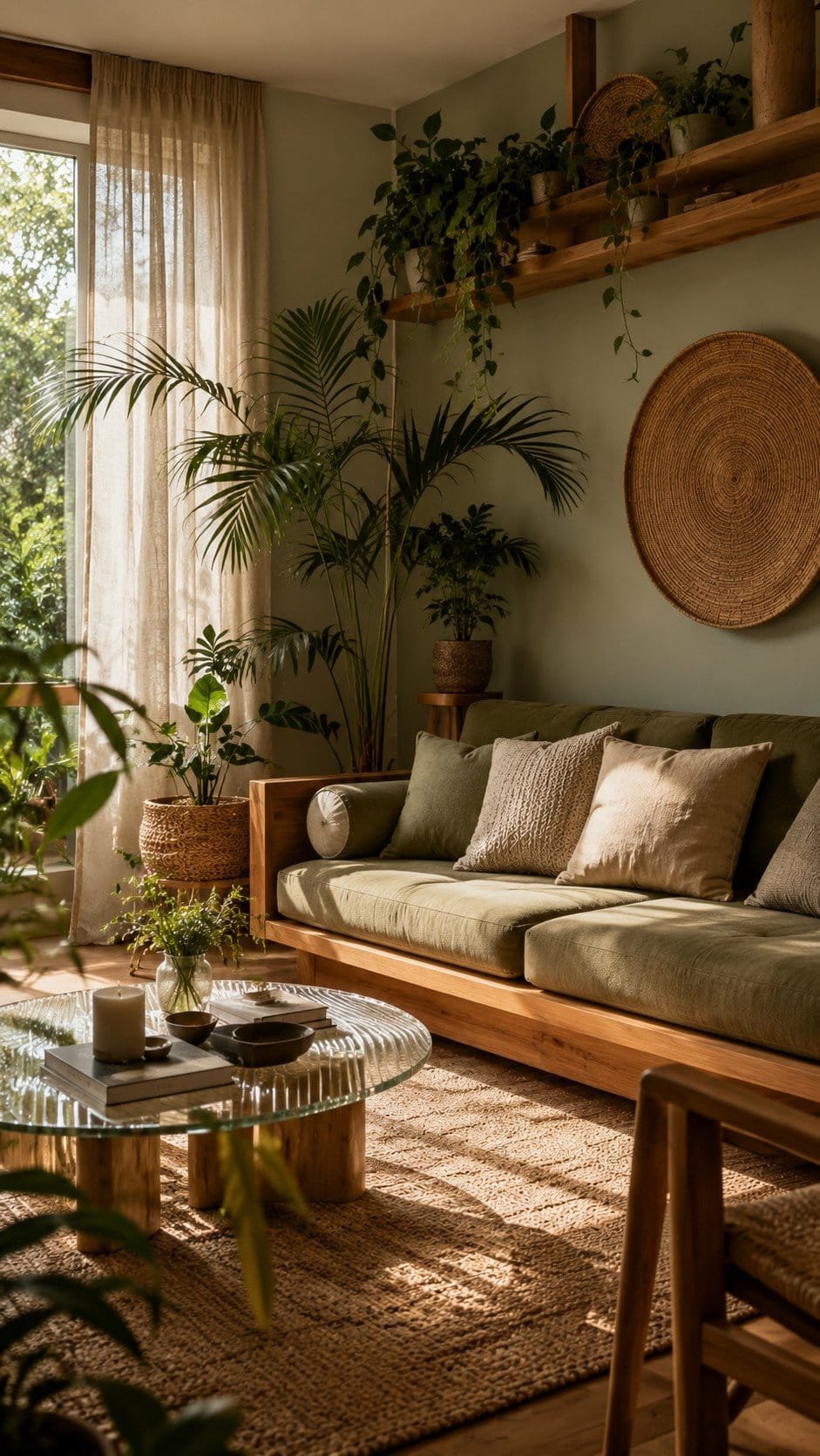 Cozy plant-filled boho living room