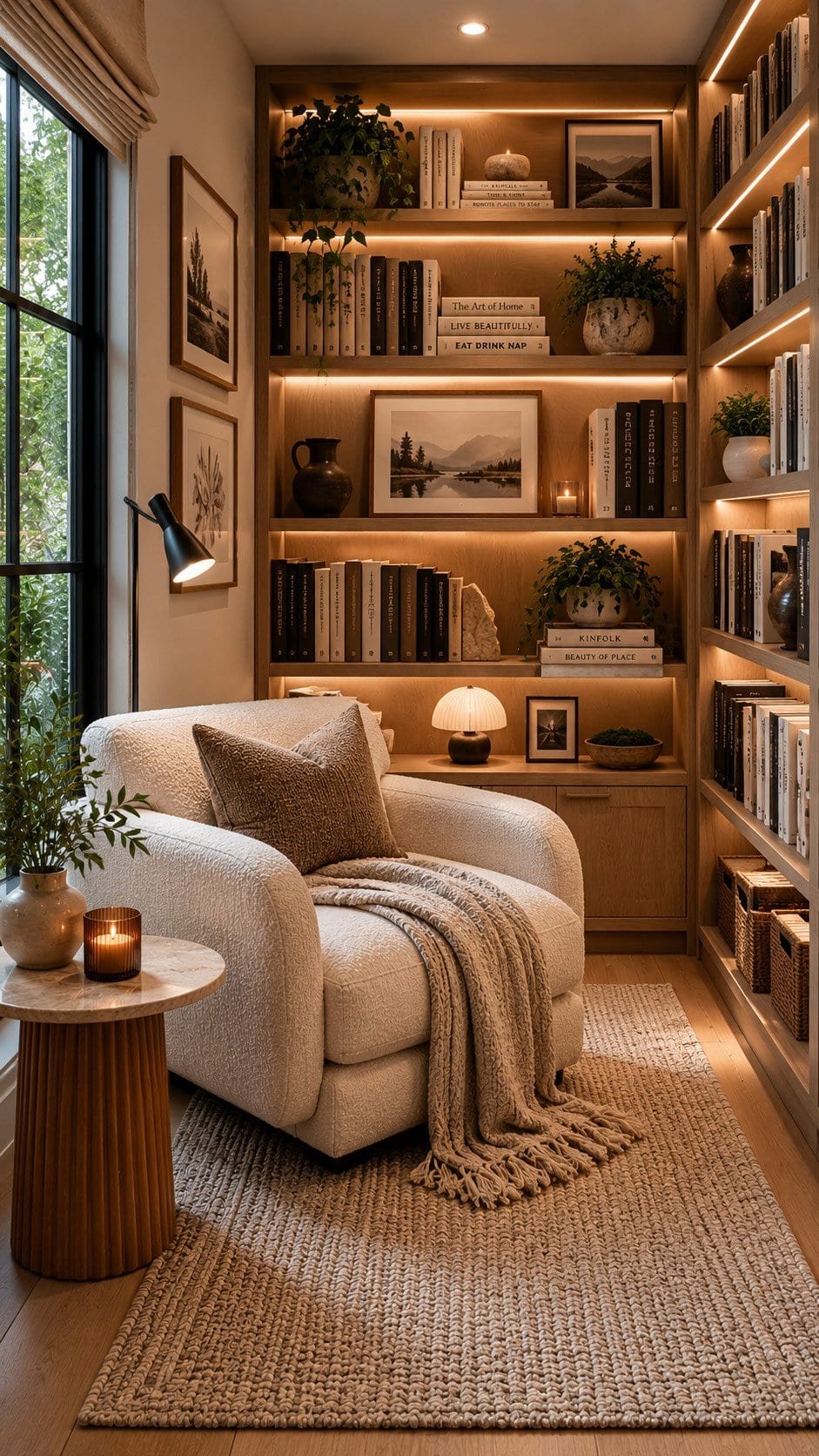 Cozy reading nook with warm ambiance