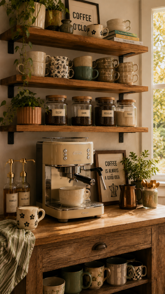 Cozy rustic coffee nook with plants