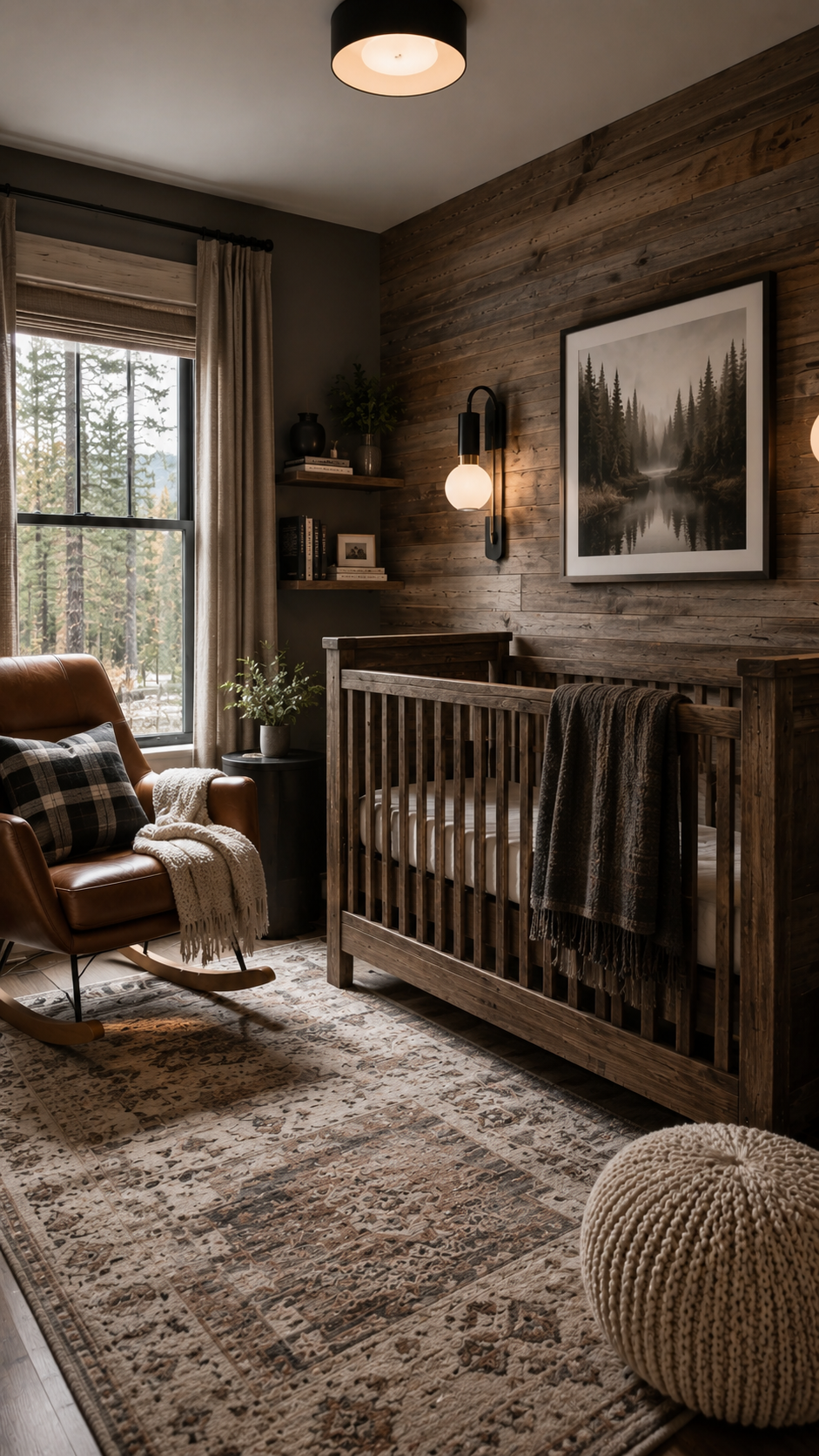 Cozy rustic nursery with forest view