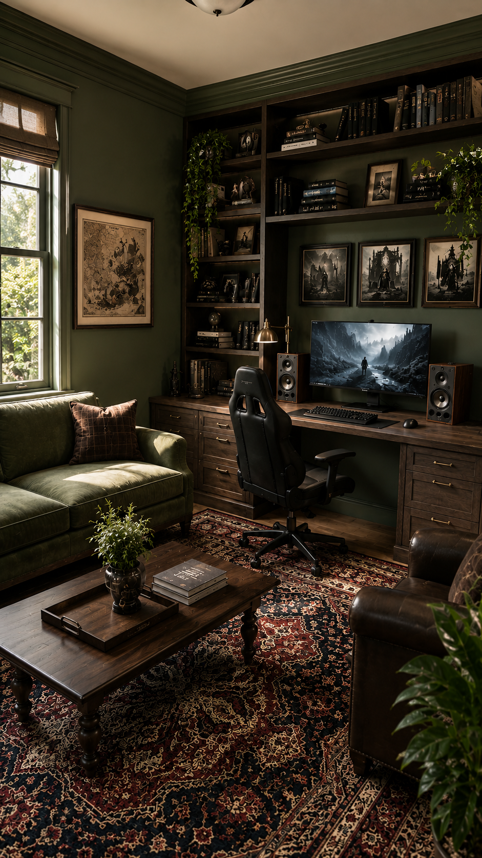 Cozy study with gaming desk setup