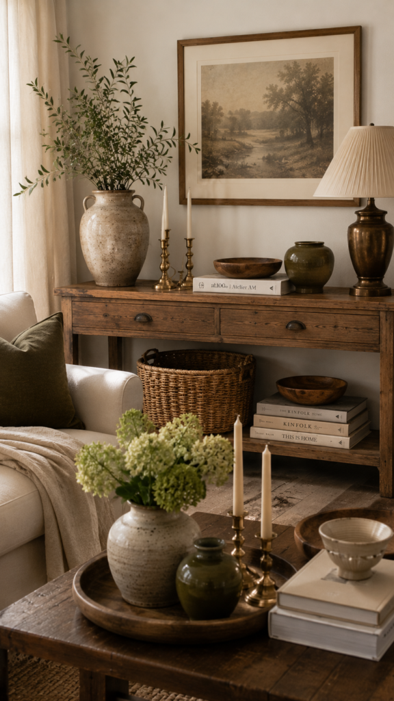 Cozy sunlit living room vignette