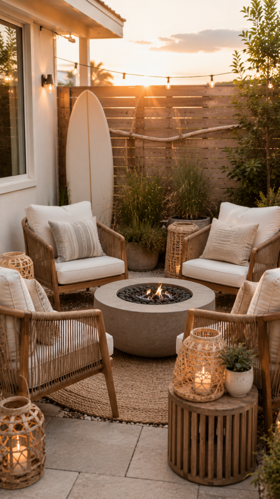 Cozy sunset patio with string lights