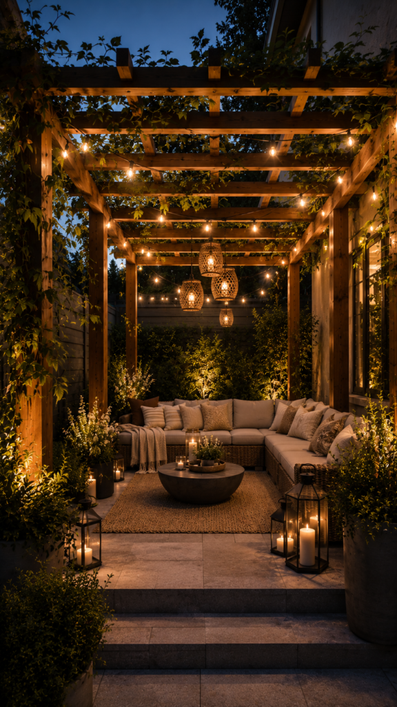 Cozy terrace lounge at twilight - pergola ideas