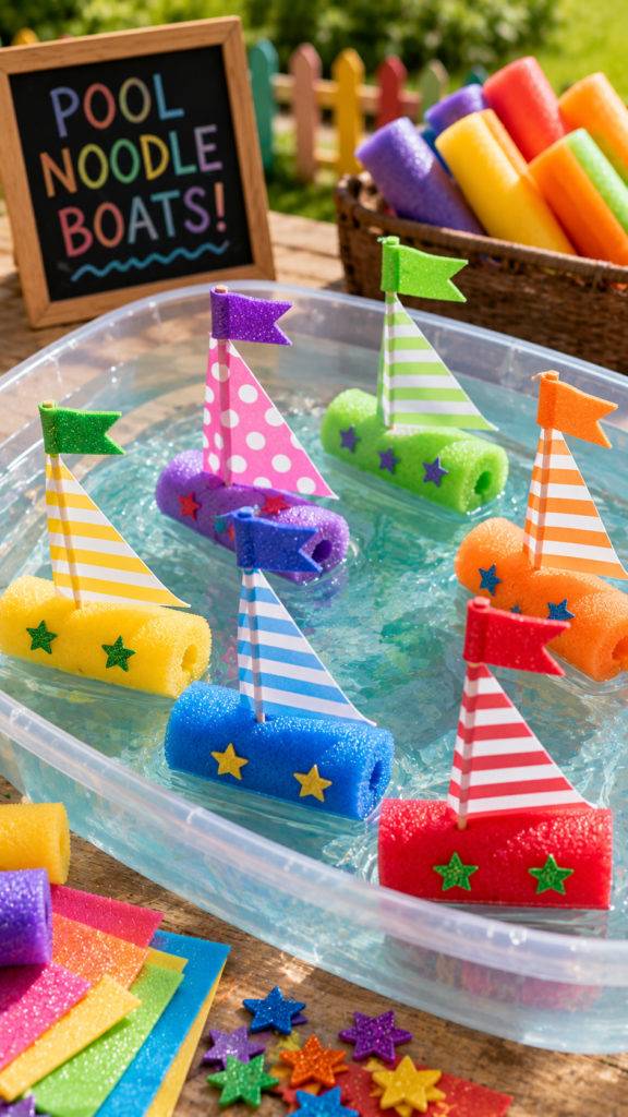 DIY floating noodle boats in sun