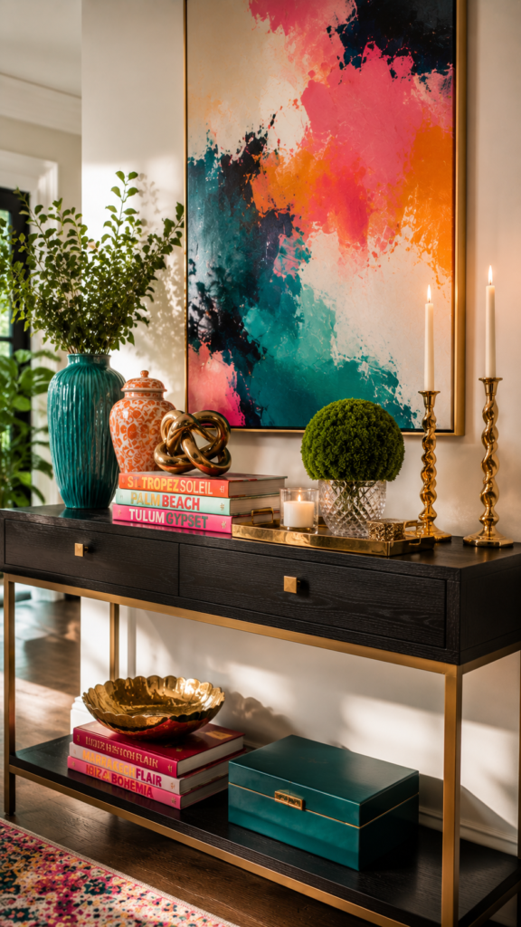 Eclectic entryway with vibrant art and decor
