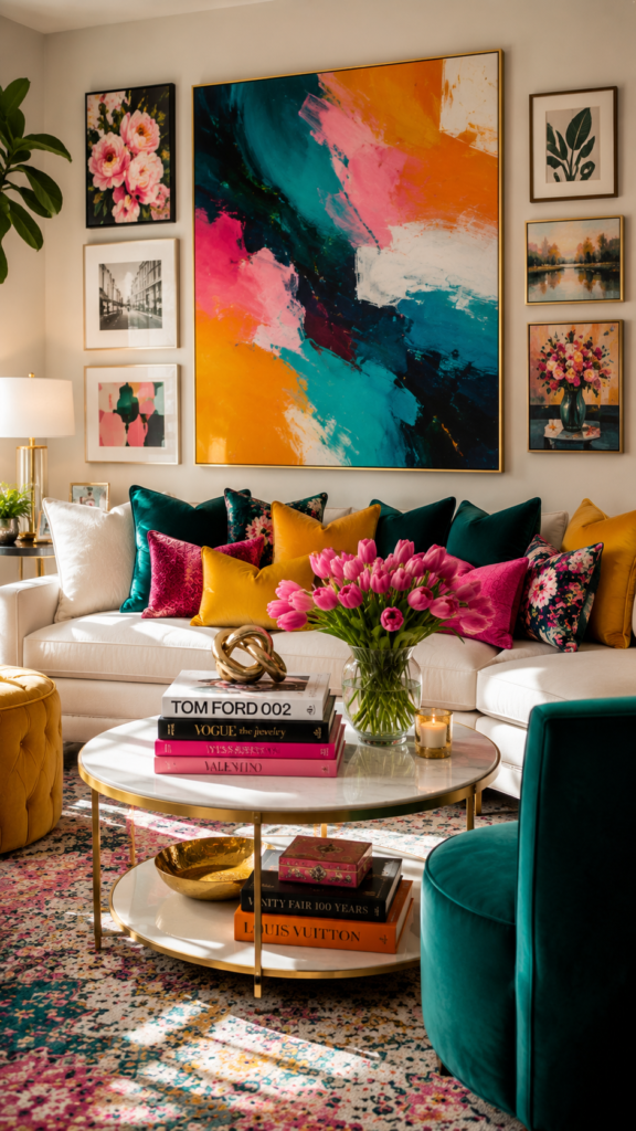 Eclectic modern living room with art