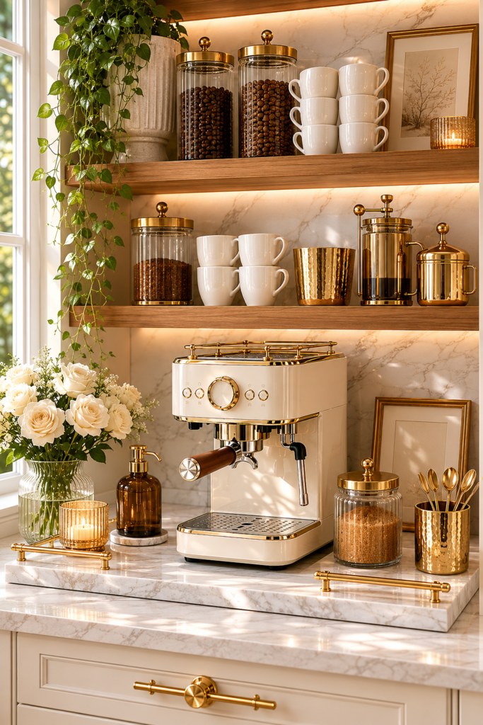 Elegant coffee bar with warm accents