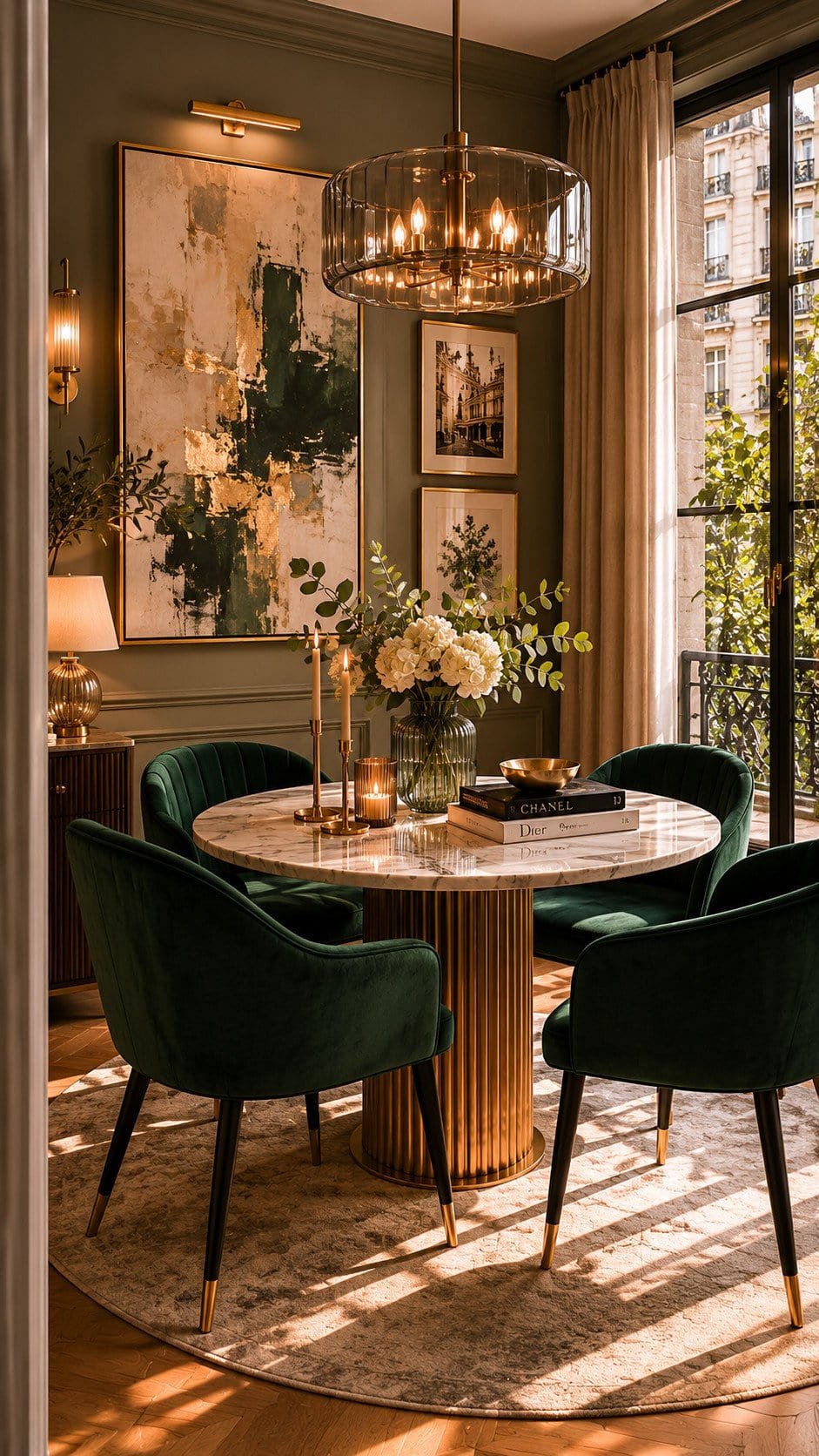 Elegant dining nook with velvet chairs