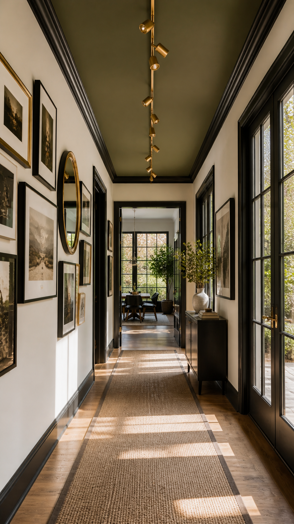 Elegant hallway with gallery wall and light