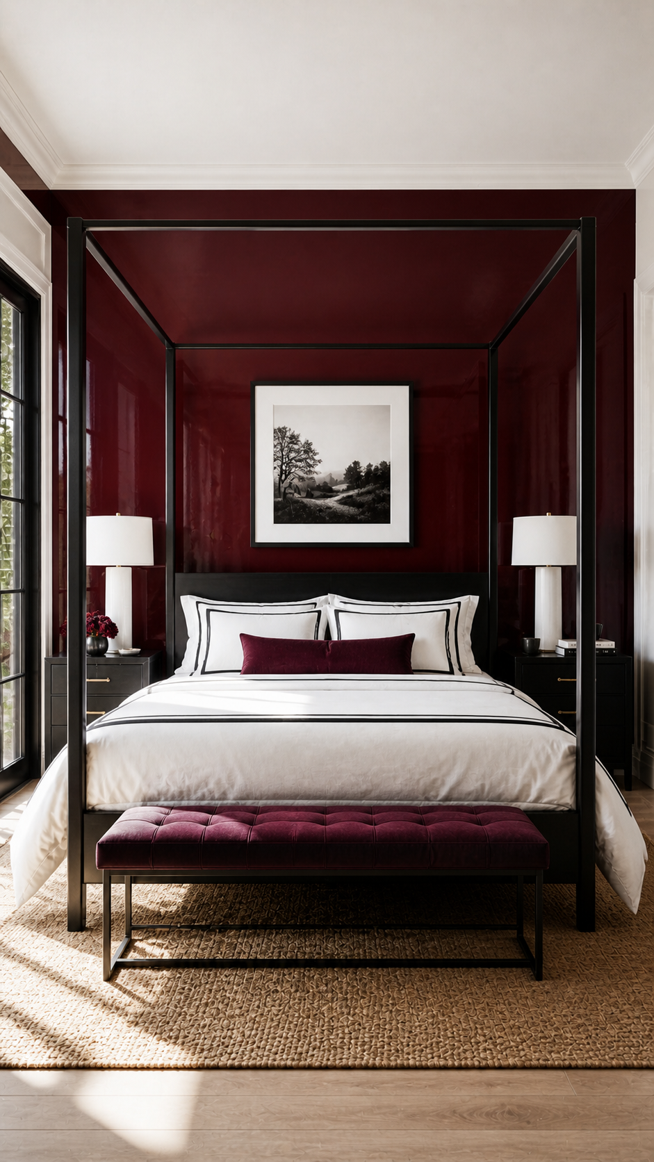 Elegant maroon-themed modern bedroom interior