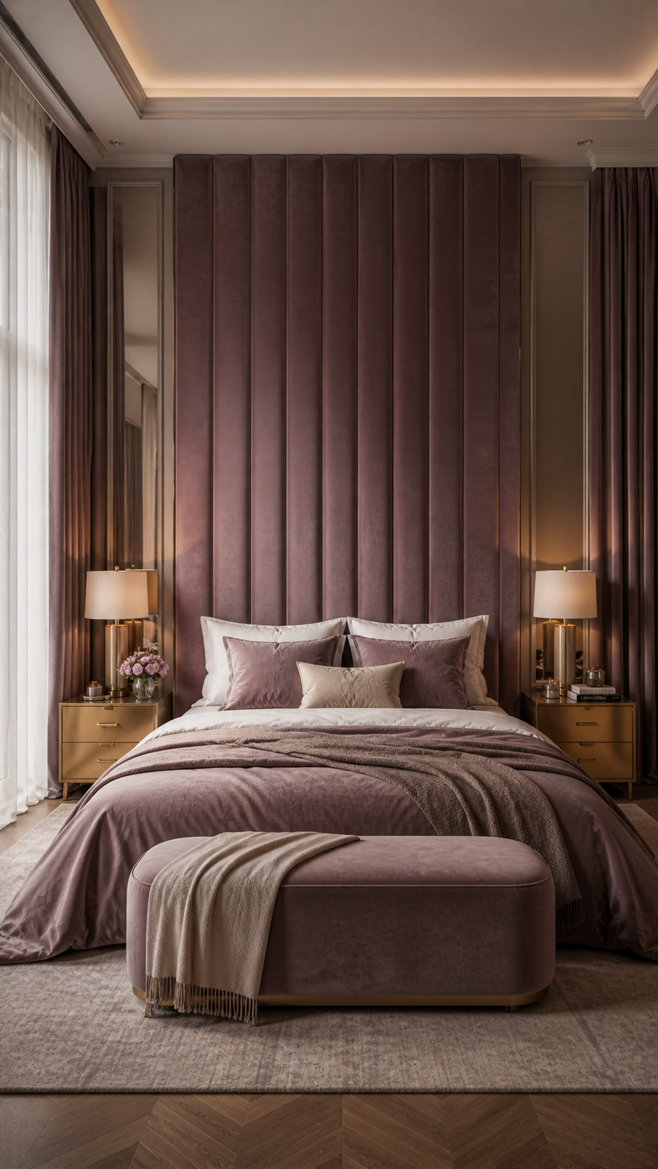 Elegant mauve velvet bedroom retreat