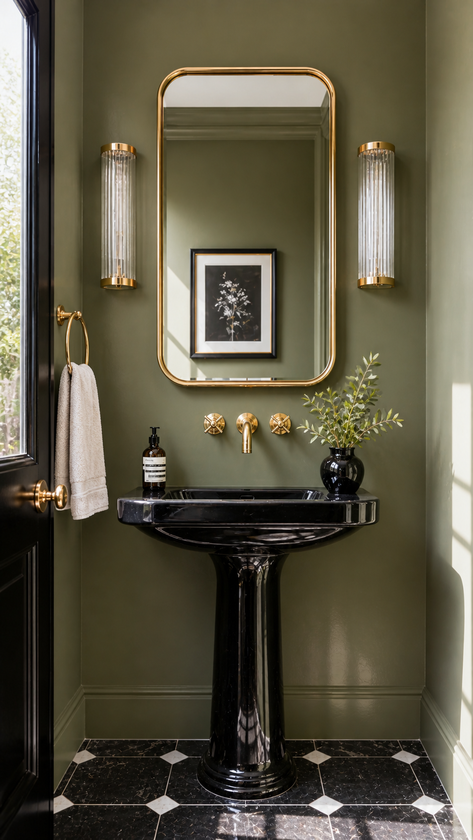 Elegant modern bathroom with brass accents.