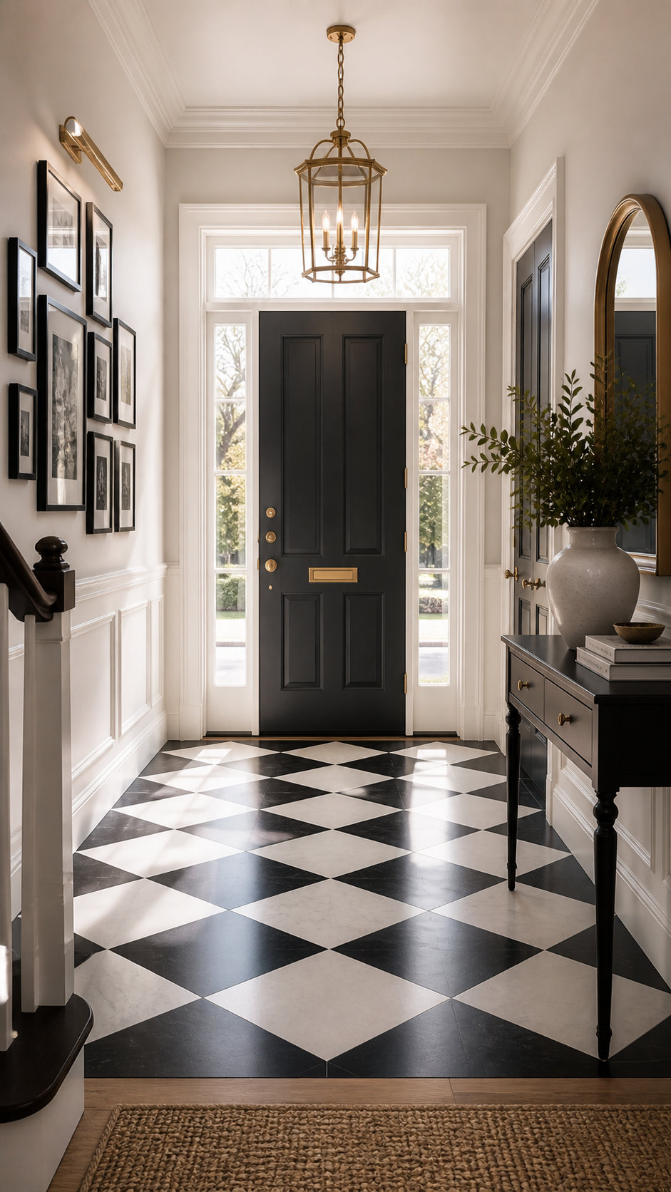 Elegant modern foyer with brass accents