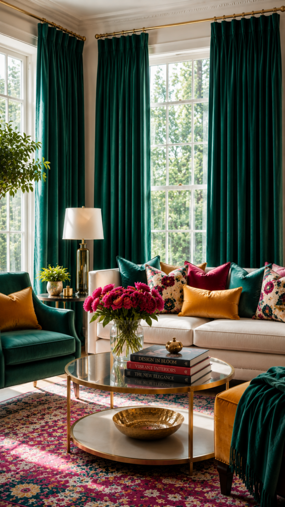 Elegant sunlit living room with greenery