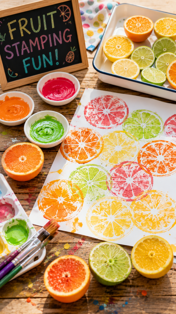 Fruit stamping fun on a sunny tabletop