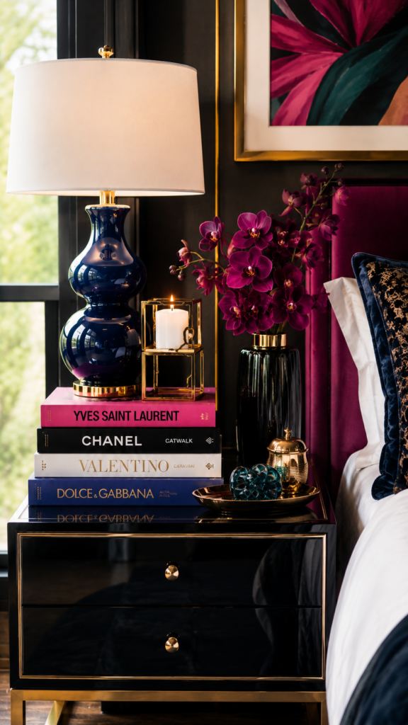 Glamorous nightstand with designer books and floral accents