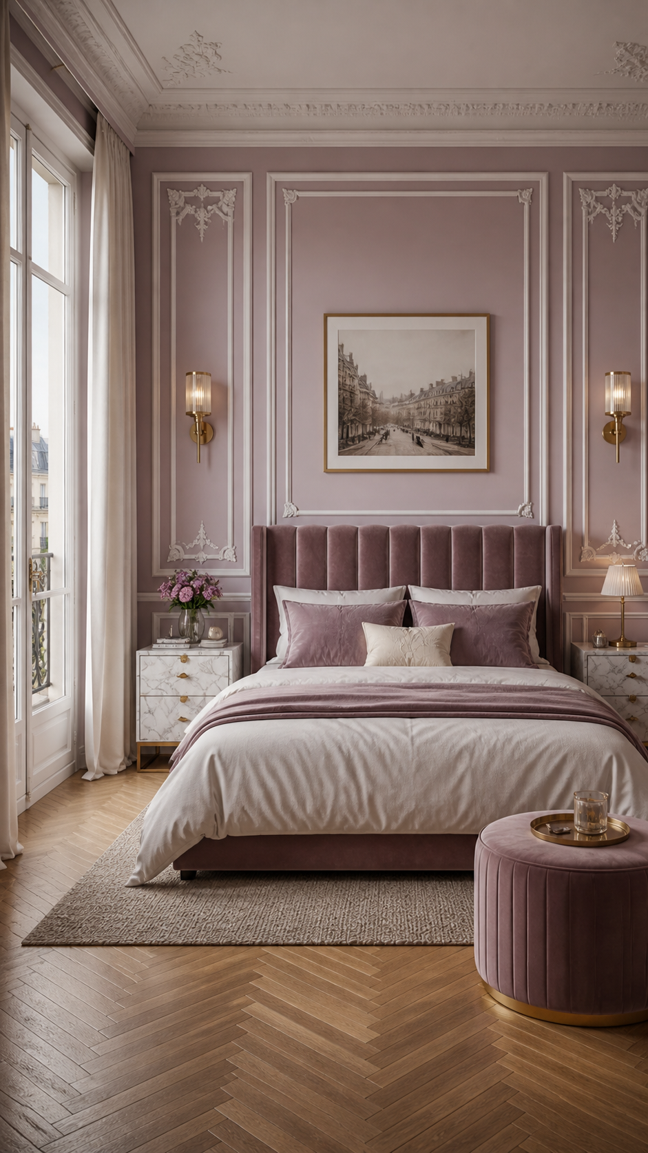 Luxurious Parisian bedroom in soft hues
