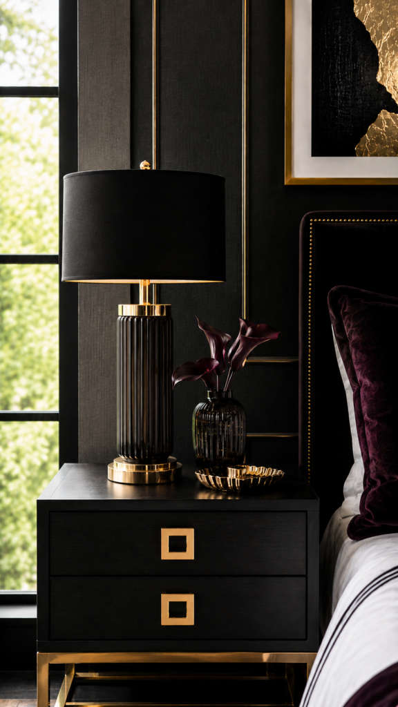 Luxurious bedside with black and gold accents