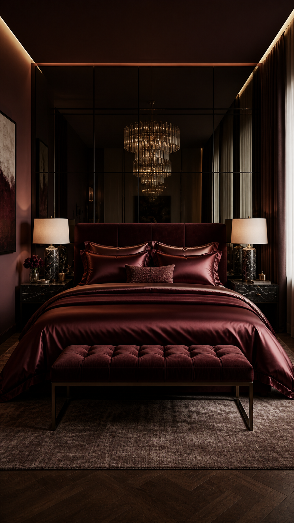 Luxurious burgundy bedroom with crystal chandelier