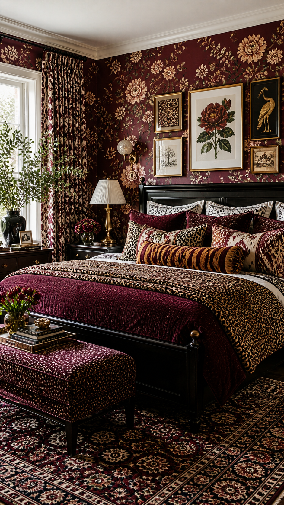 Luxurious floral-themed bedroom with layered textures