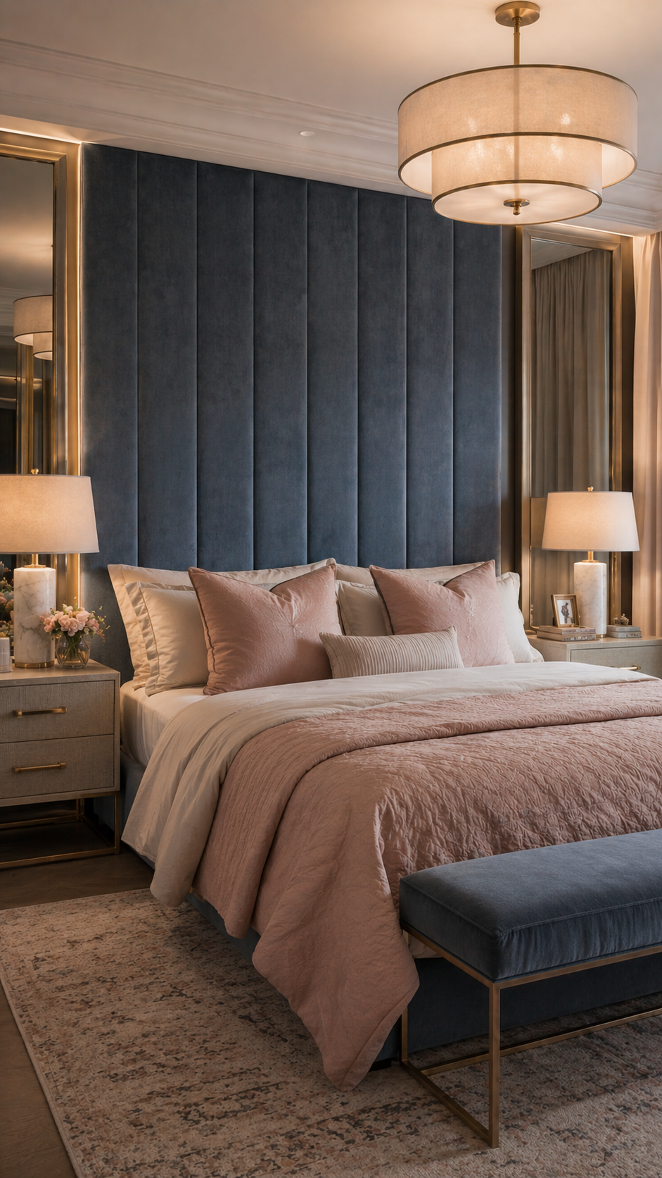 Luxurious modern bedroom with brass accents