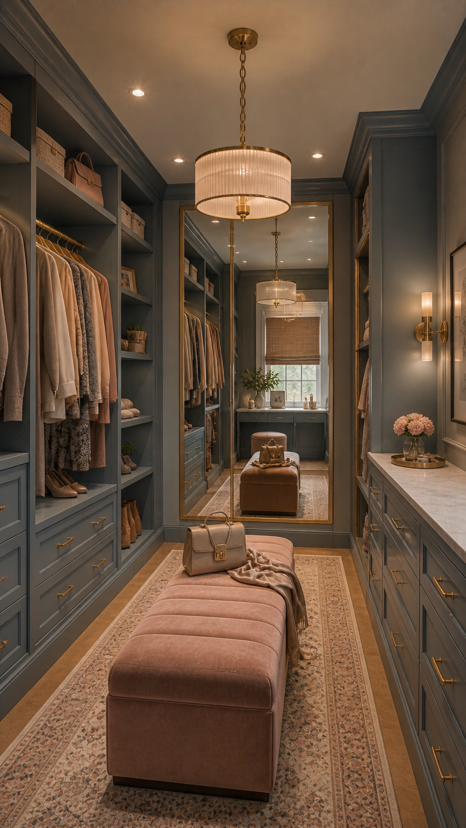 Luxurious walk-in closet with blush accents