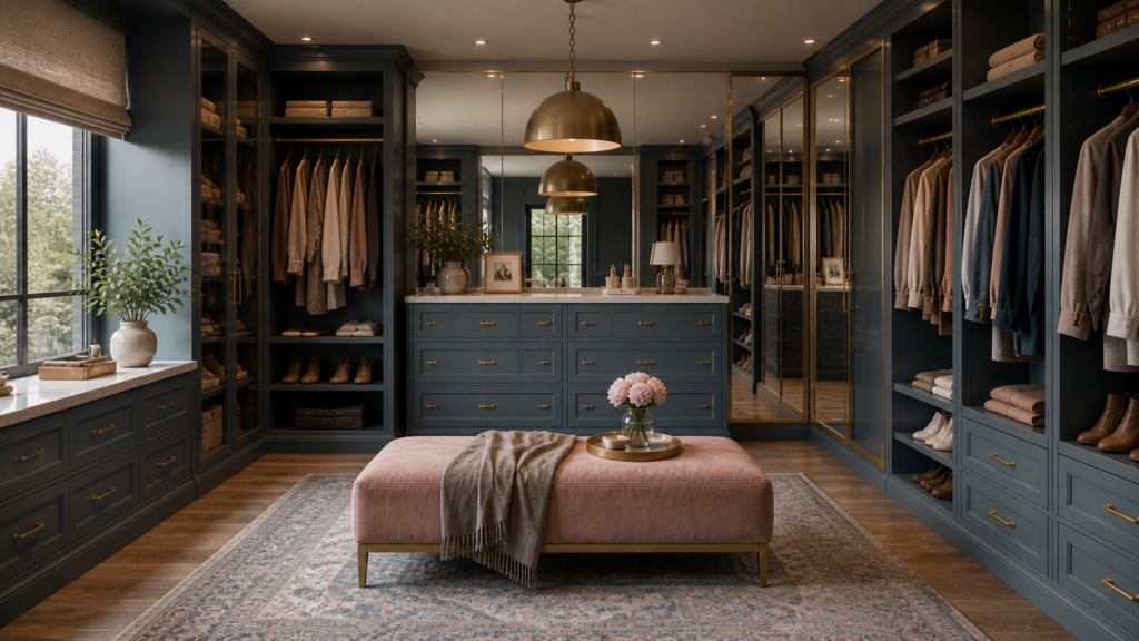 Luxurious walk-in closet with brass accents -Title