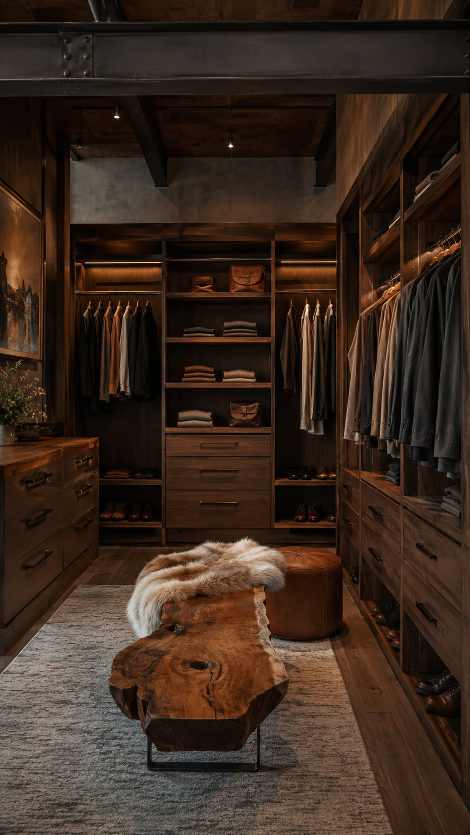 Luxurious walk-in closet with industrial accents