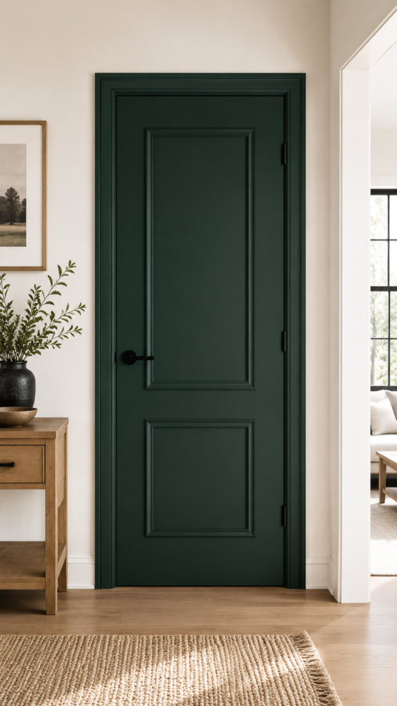Minimalist hallway with forest green door
