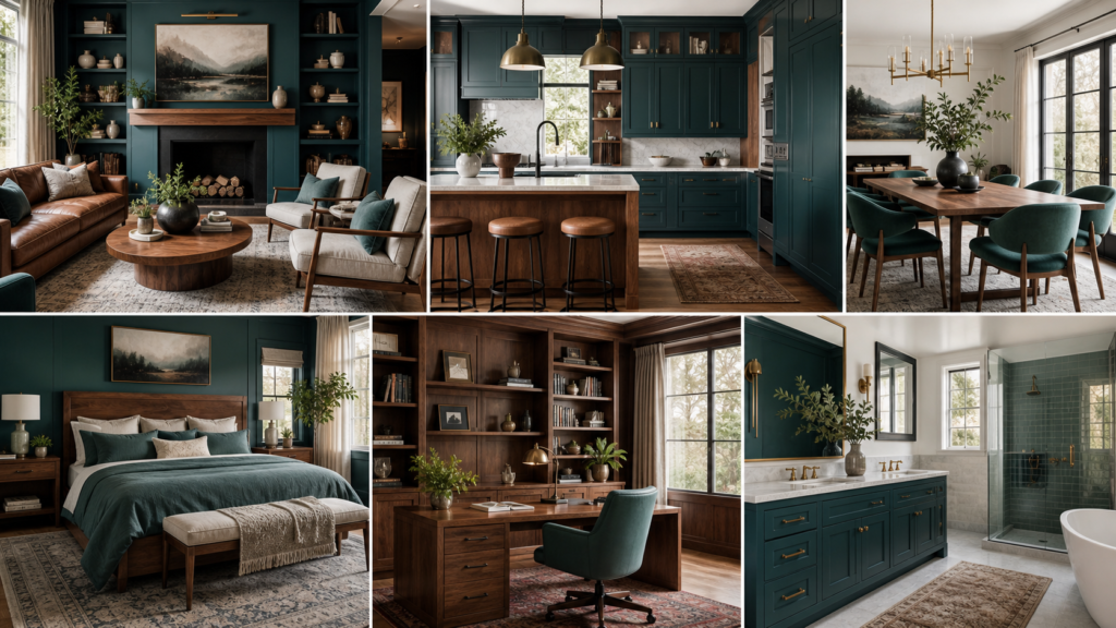 Modern home with warm wood and teal tones