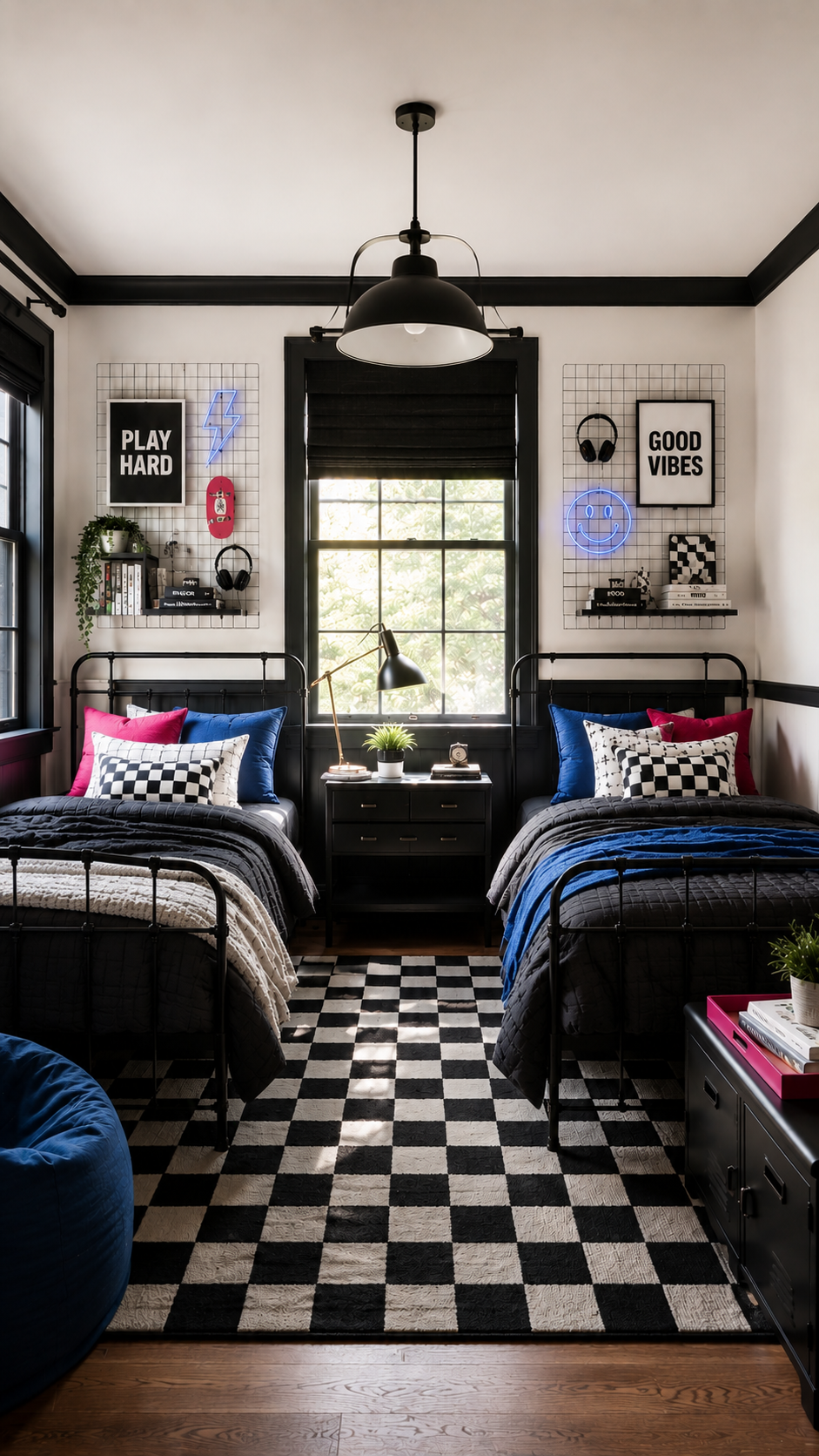 Modern industrial youth bedroom with bold accents
