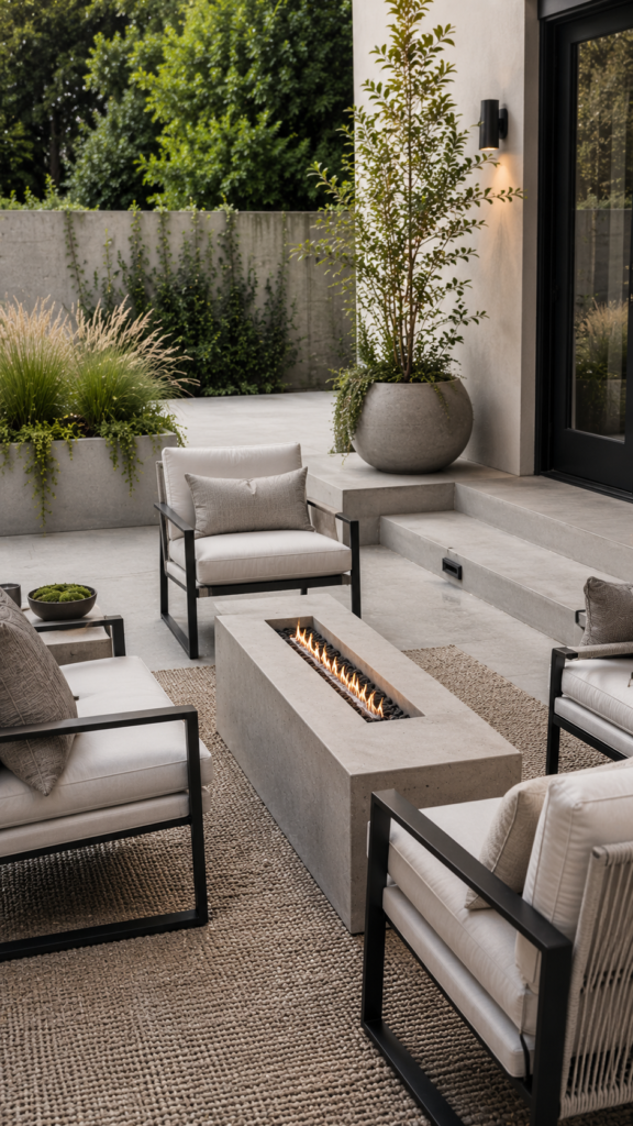 Modern minimalist patio with fire pit