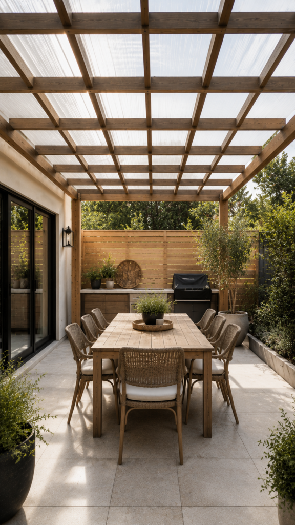 Modern outdoor dining under pergola