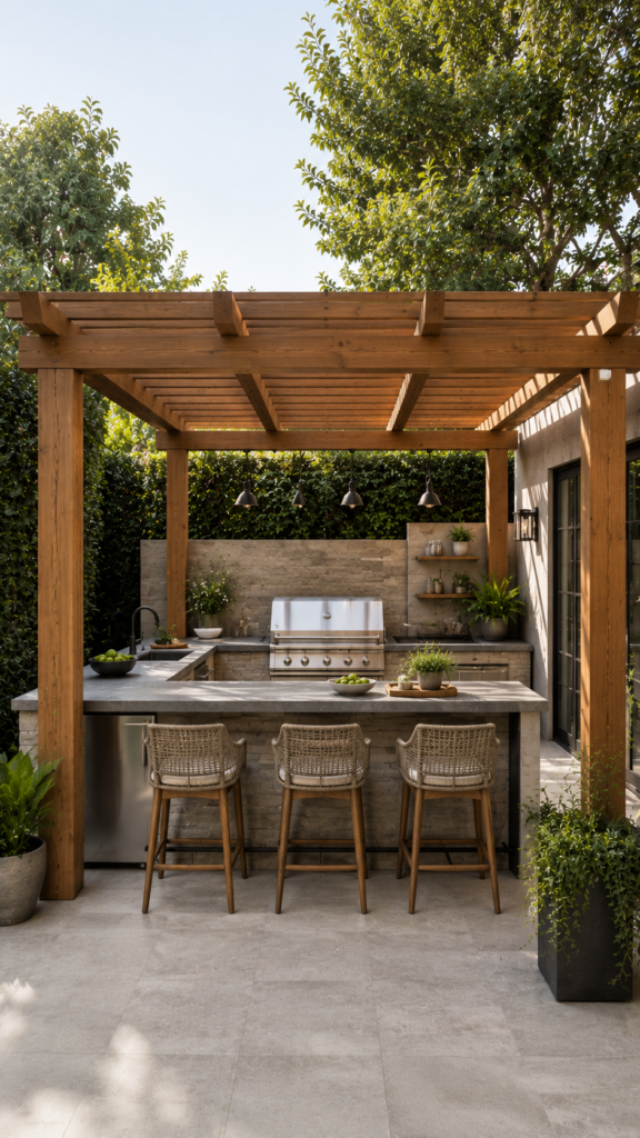 Modern outdoor kitchen with pergola