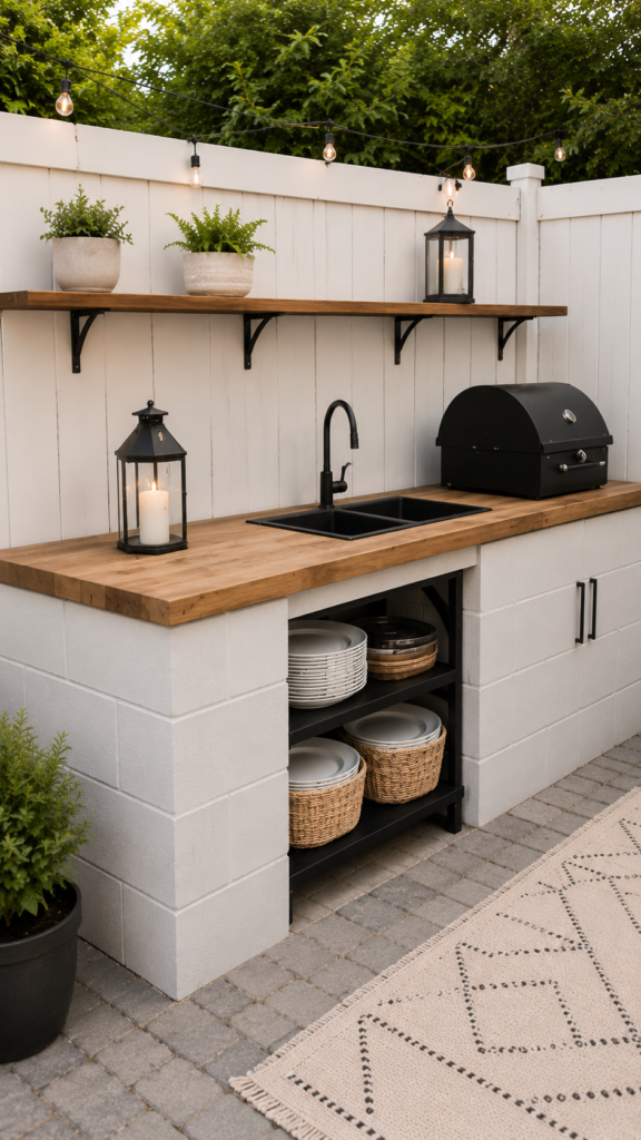 Modern outdoor kitchen with vibrant greenery