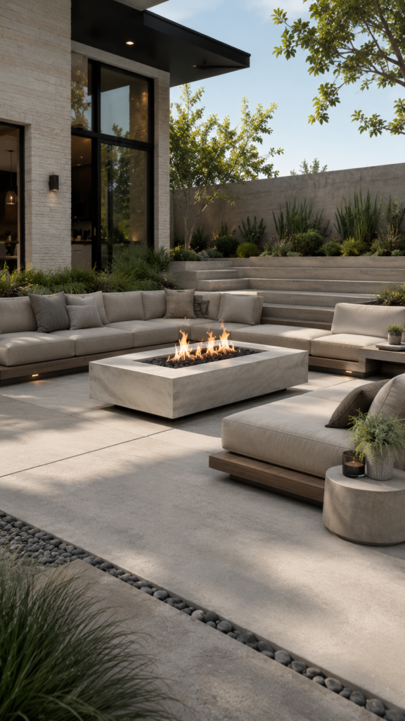 Modern outdoor lounge with fire pit