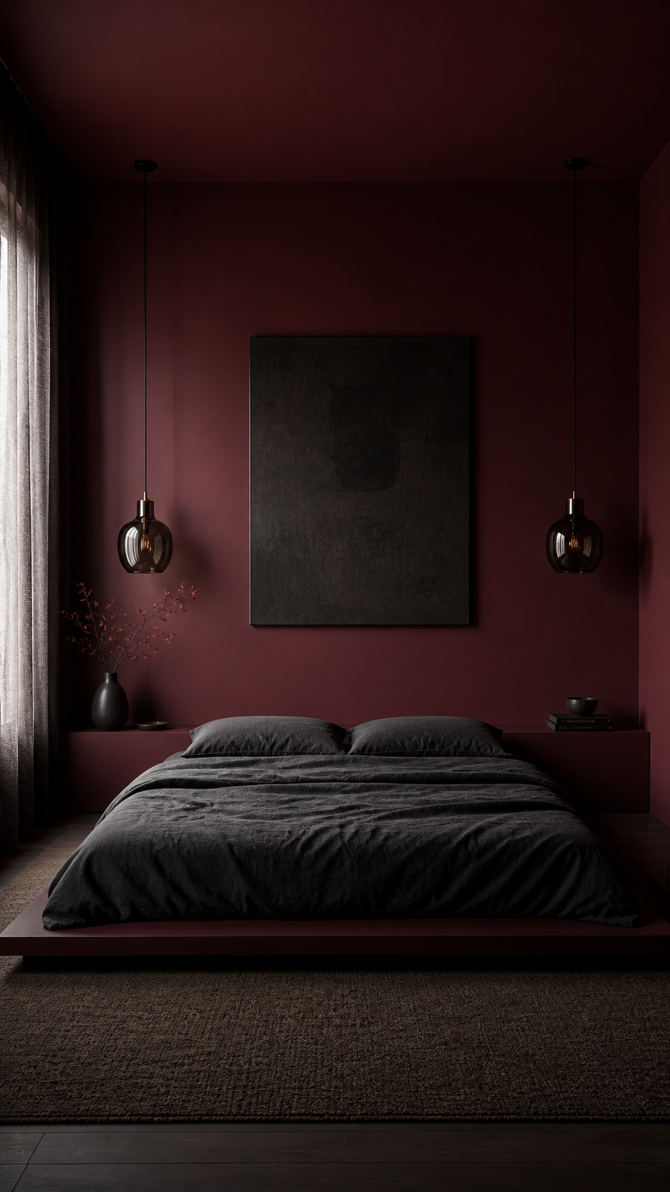 Moody minimalist bedroom in burgundy tones