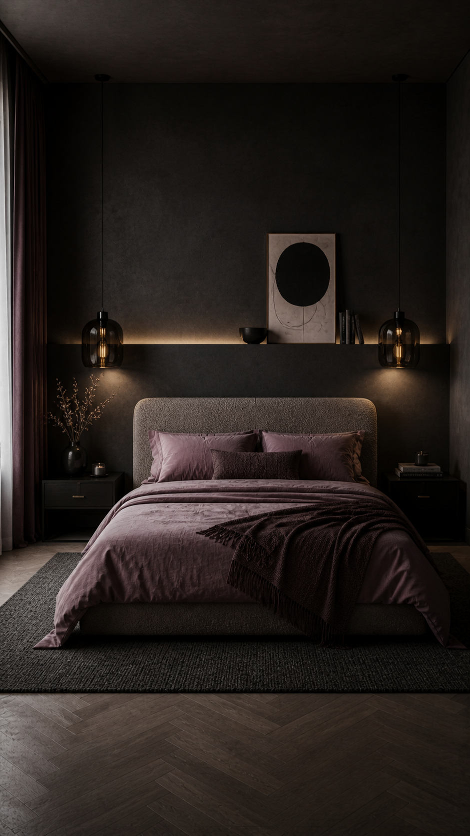 Moody minimalist bedroom with warm accents