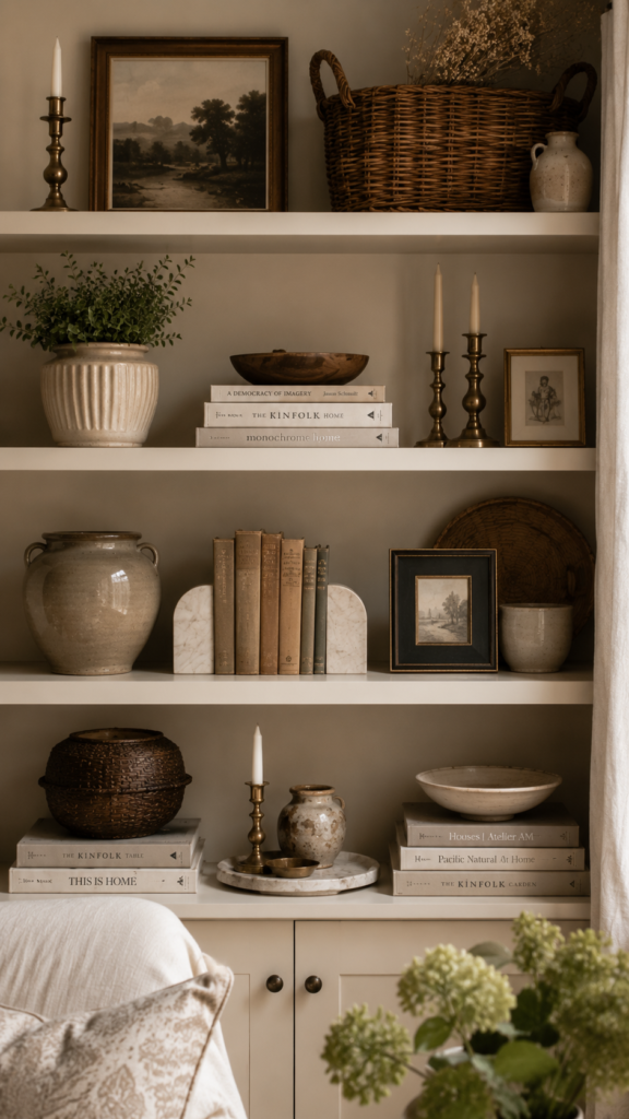 Neutral tones and rustic decor vignette