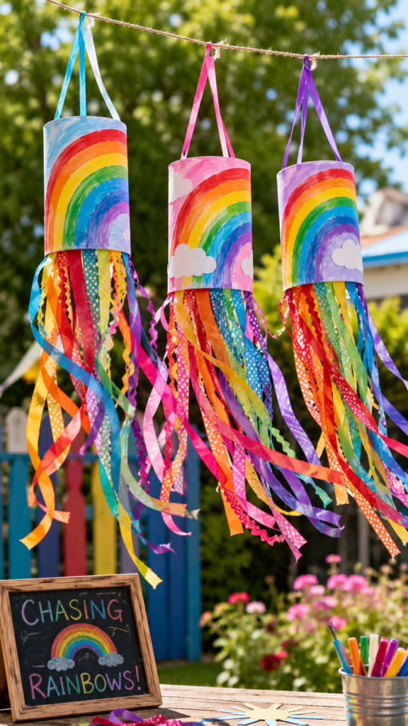 Rainbow windsocks in a sunny garden