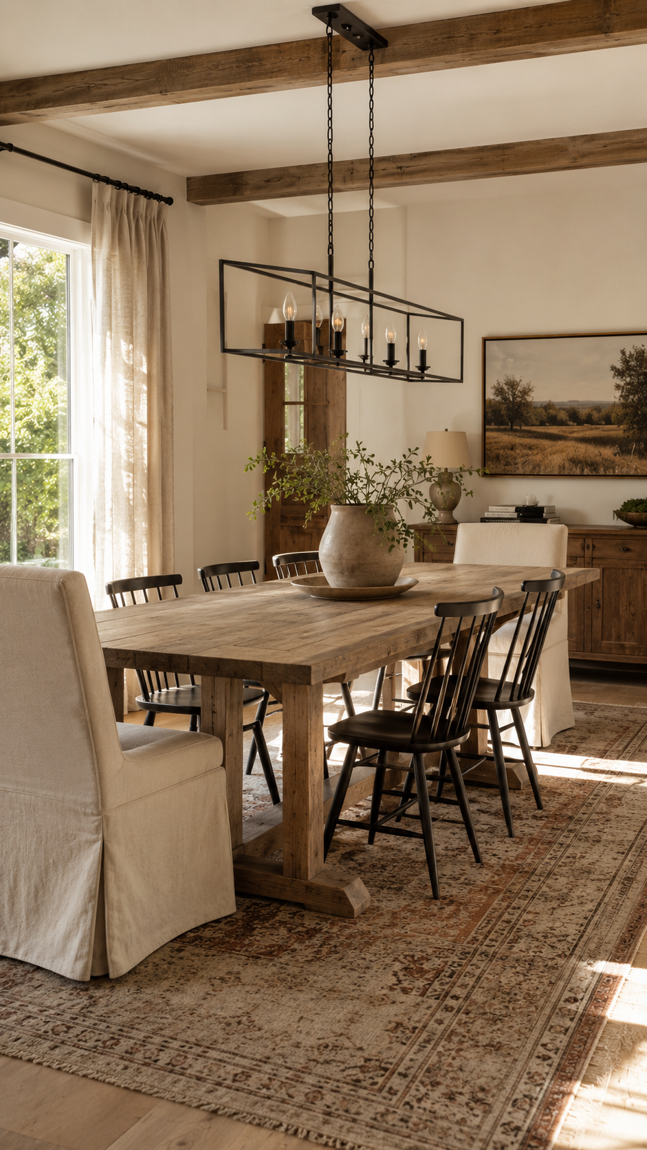 Rustic farmhouse dining with natural light